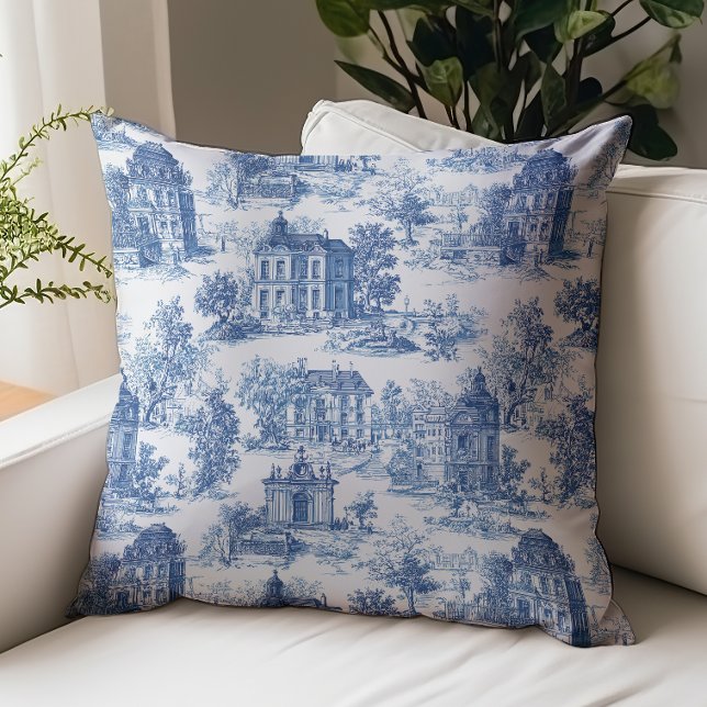 Vintage Blue Toile de Jouy Architectural Pattern Cushion (Creator Uploaded)