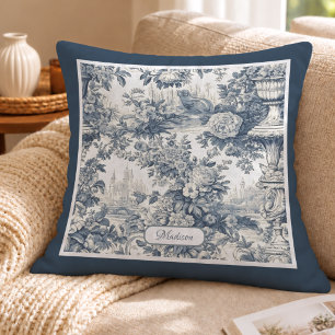 Vintage Blue Toile de Jouy Floral Monogram Cushion