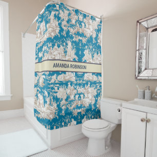 Vintage Blue Toile De Jouy Floral Monogram Shower Curtain