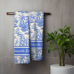 Vintage Blue Toile de Jouy French Botanical Bath Towel Set