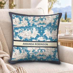 Vintage Blue Toile de Jouy Monogram Pattern Cushion