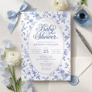 Vintage Blue Toile Floral Baby Shower Invitation