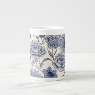 Vintage Blue Toile Floral Botanical Pattern Bone China Mug