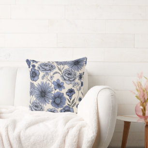 Vintage Blue Toile Floral Botanical Pattern Cushion