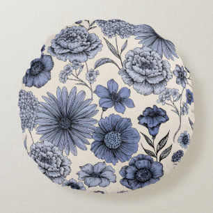 Vintage Blue Toile Floral Botanical Pattern Round Cushion