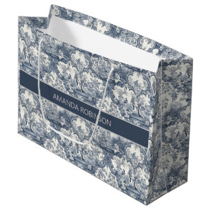 Vintage Blue Toile Floral Damask Monogram Gift Large Gift Bag