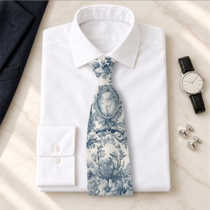 Vintage Blue Toile Floral Monogram Tie