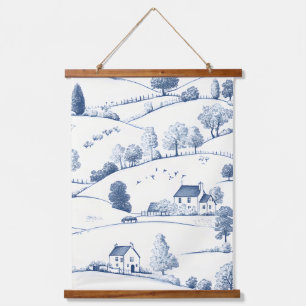 Vintage Blue Toile Landscape (2) Hanging Tapestry