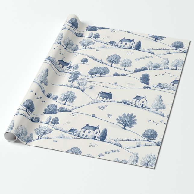 Vintage Blue Toile Landscape (2) Wrapping Paper (Unrolled)