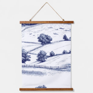 Vintage Blue Toile Landscape (3) Hanging Tapestry