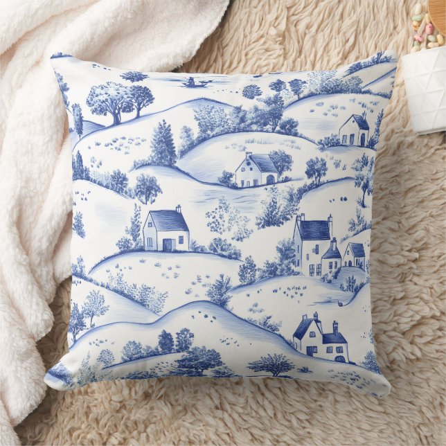 Vintage Blue Toile Landscape Cushion (Blanket)