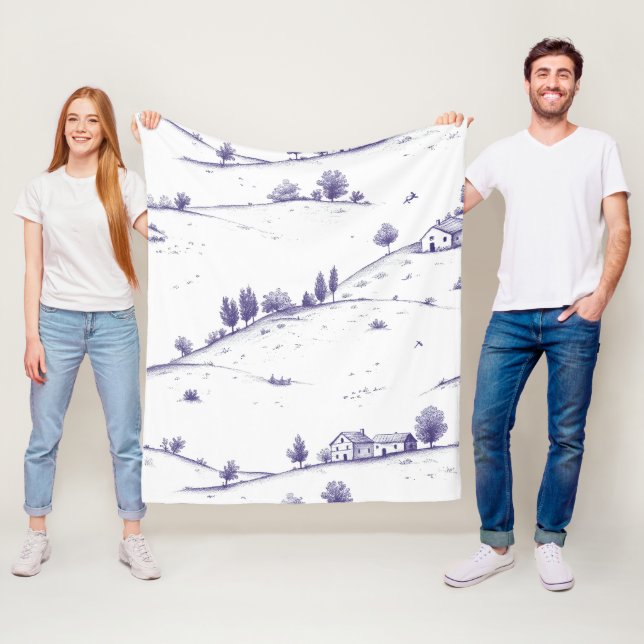 Vintage Blue Toile Landscape Fleece Blanket (In Situ)