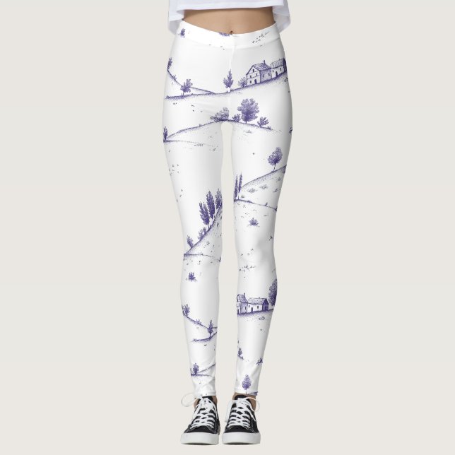 Vintage Blue Toile Landscape Leggings (Front)
