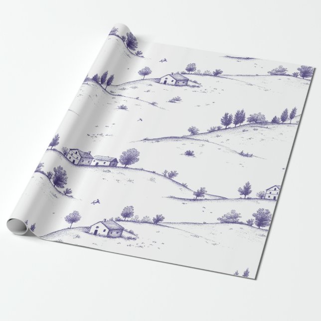 Vintage Blue Toile Landscape Wrapping Paper (Unrolled)