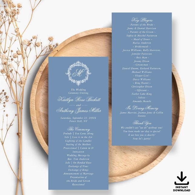 Vintage Blue Toile Monogram Wedding Programs Invitation (Creator Uploaded)