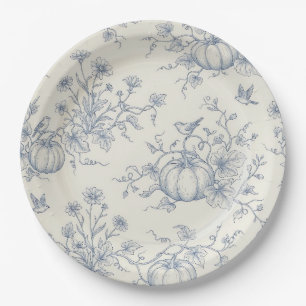Vintage Blue Toile Pumpkin French Country Autumn Paper Plate