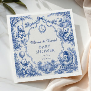 Vintage Blue Toile Teddy Bear Baby Shower Napkin