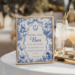 Vintage Blue Toile Teddy Bear Mum-osa Bar Baby Poster