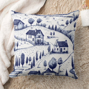 Vintage Blue Toile - Trees Pastoral Architecture Cushion