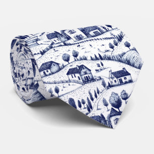Vintage Blue Toile - Trees Pastoral Architecture Tie