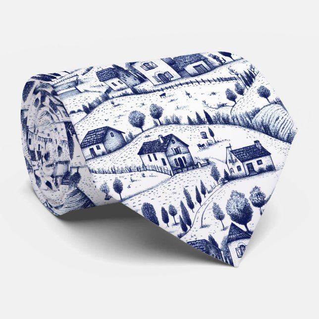 Vintage Blue Toile - Trees Pastoral Architecture Tie (Rolled)