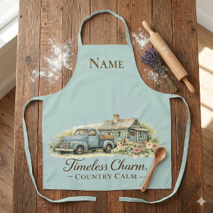 Vintage Blue Truck Cottage Wildflower Calm Apron