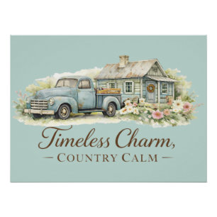 Vintage Blue Truck Cottage Wildflower Calm Poster