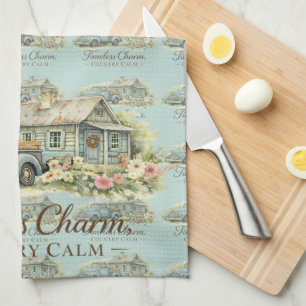Vintage Blue Truck Cottage Wildflower Calm Tea Towel
