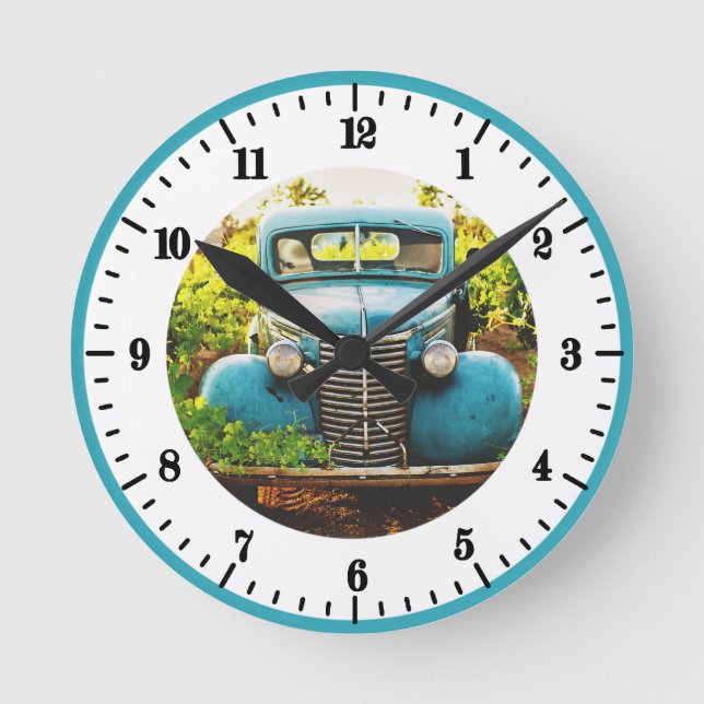 Vintage Blue Truck Round Clock (Front)