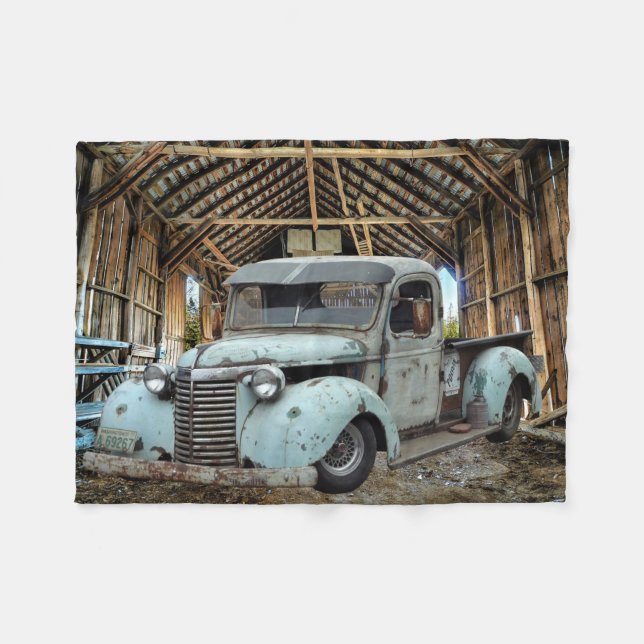 Vintage Blue Truck Rustic Barn Fleece Blanket (Front (Horizontal))