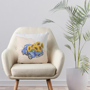 Vintage Blue Truck Sunflowers Cushion
