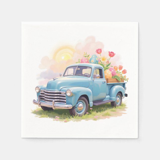 Vintage Blue Truck with Easter Eggs & Tulips Napkin (Front)