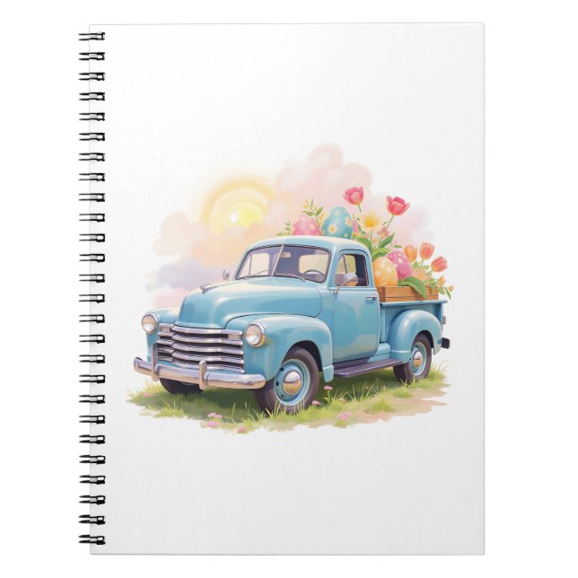 Vintage Blue Truck with Easter Eggs & Tulips Notebook (Front)