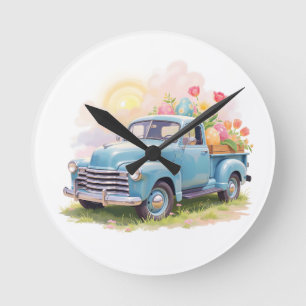 Vintage Blue Truck with Easter Eggs & Tulips Round Clock