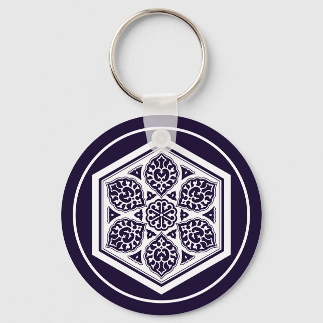 Vintage Blue Turkish Rosette Geometric Graphic Key Ring (Front)