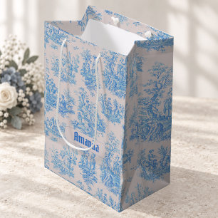 Vintage Blue Turquoise Floral Toile Monogram Medium Gift Bag