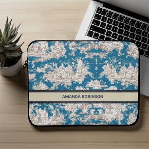 Vintage blue turquoise toile de jouy monogram laptop sleeve