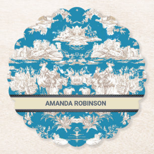 Vintage blue turquoise toile de jouy monogram paper coaster