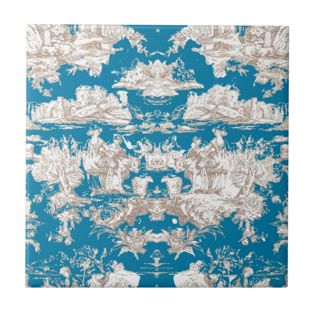 Vintage blue turquoise toile de jouy monogram tile (Front)
