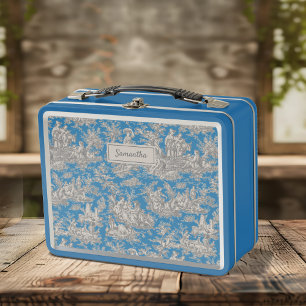 Vintage blue turquoise toile de jouy printed metal lunch box