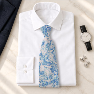 Vintage Blue Turquoise Toile Jouy Floral Tie