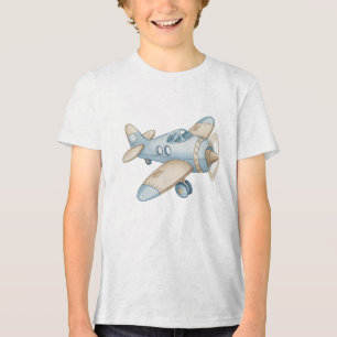 Vintage Blue Watercolor Propeller Plane  Tri-Blend Shirt