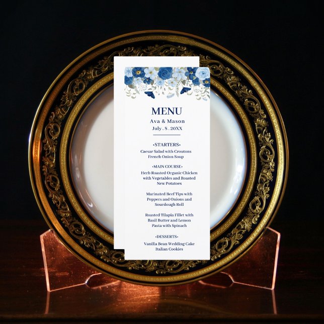 Vintage blue watercolour floral wedding menu (Creator Uploaded)
