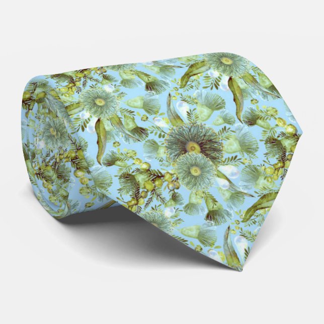 Vintage Blue Wattle and Eucalyptus Tie (Rolled)