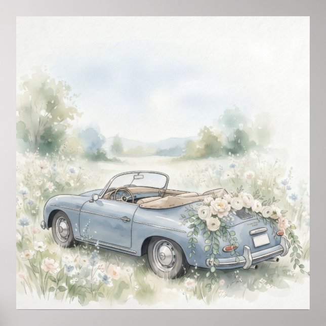 Vintage Blue Wedding Getaway Car Watercolor Poster (Front)