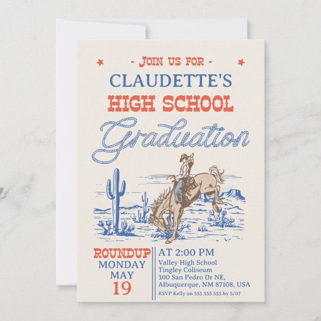 Vintage Blue Western Desert High School Graduation Invitation (Front)