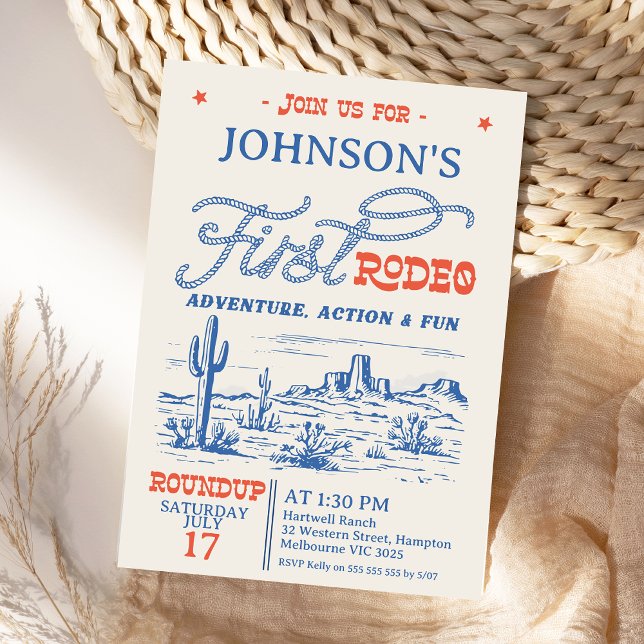 Vintage Blue Western Desert Rodeo 1st Birthday Invitation (Boys First Rodeo Birthday Invitation, 1st Rodeo Birthday Invite, Western Cowboy 1st Birthday Desert)