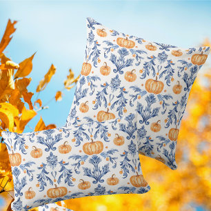 Vintage Blue White Autumn Orange Pumpkins Cushion