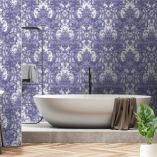 Vintage Blue & White Baroque Rococo Roses Pattern Wallpaper