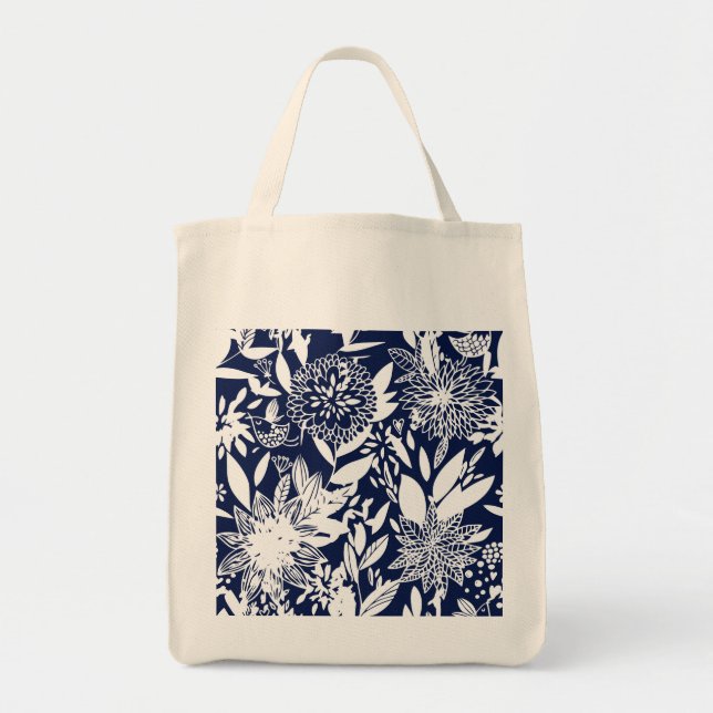 Vintage Blue White Bird Love Floral Garden Tote Bag (Front)